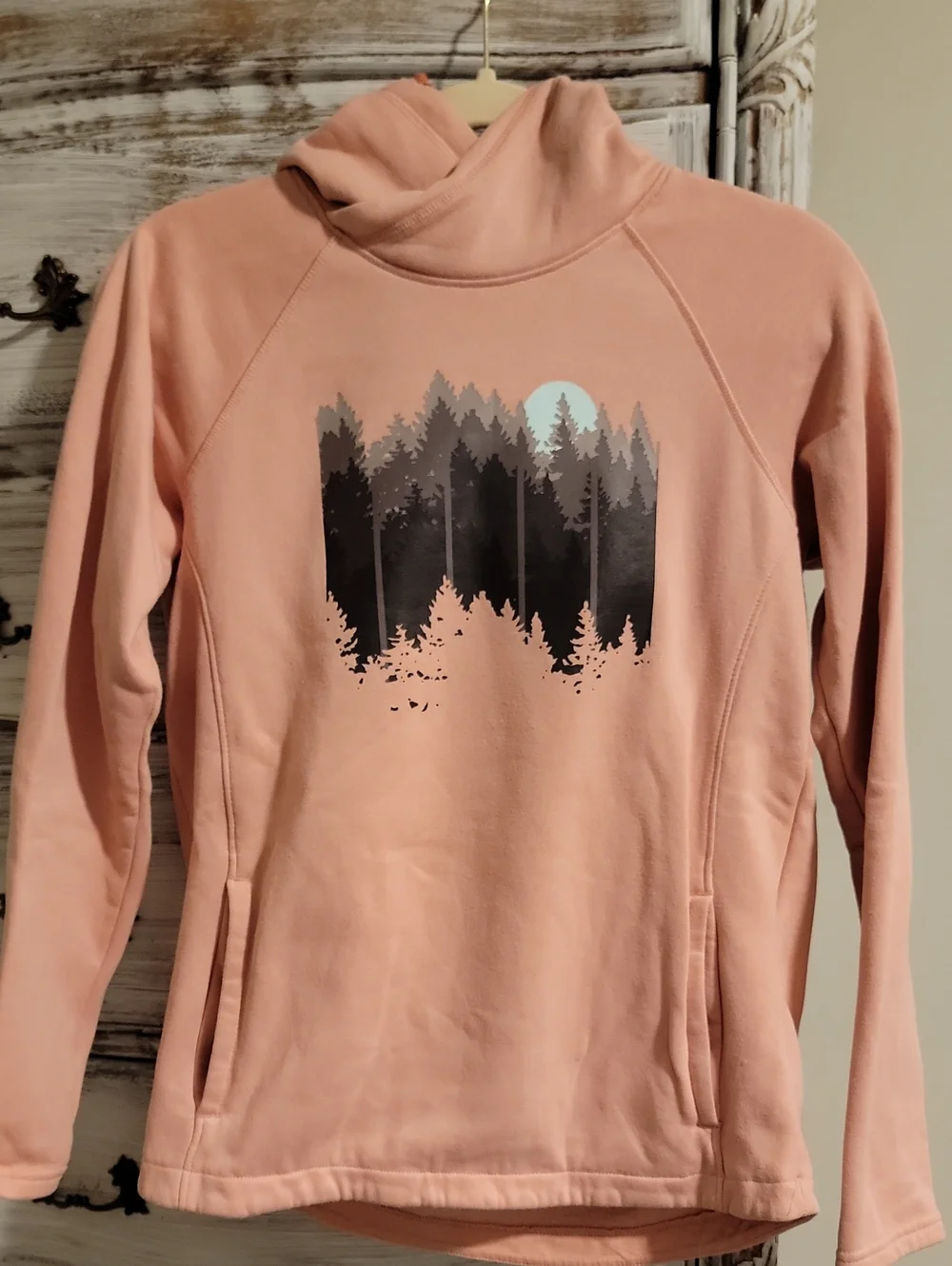 Columbia Blush Pink Cowl Neck Pullover Hoodie with Forest Moon Graphic